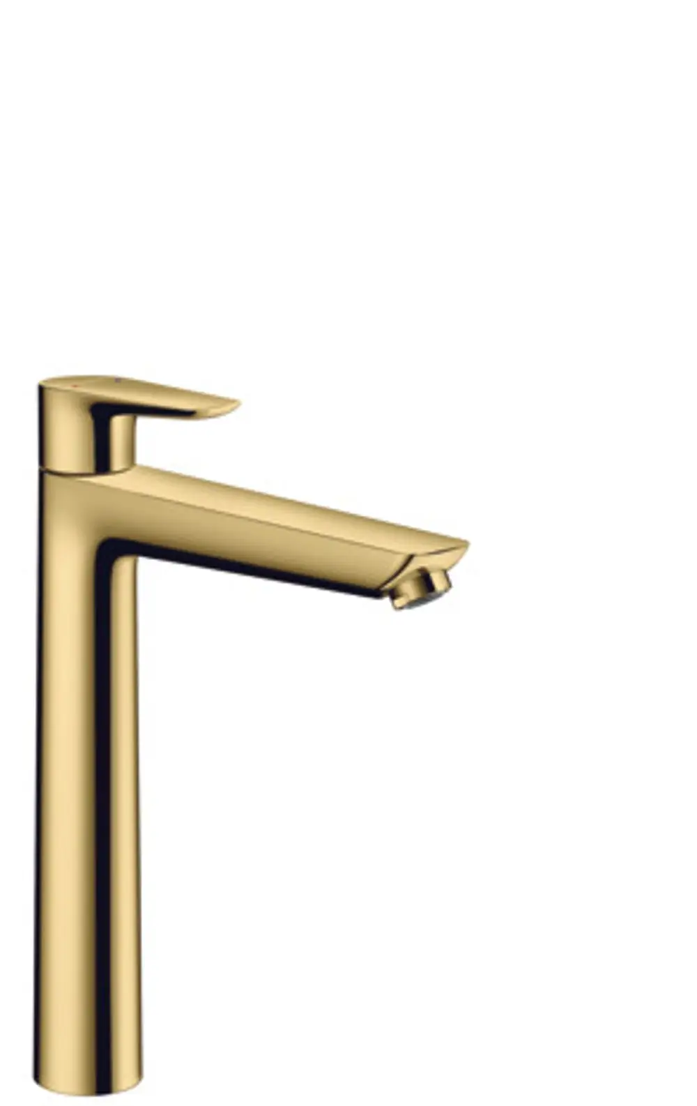 Ein Einhebel-Waschtischmischer in glänzendem Gold von Hansgrohe mit schlanker Form und Auslauf, geeignet für Aufsatzwaschtische.